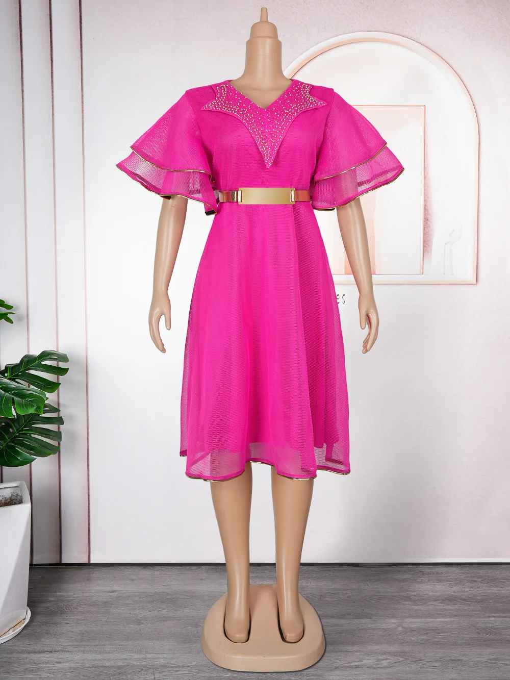 Royal Blue A-Line Midi Dress Gold Belt Beaded Embellishment Elegant  Polyester Party Outfit Embroidery Summer Layered Flare| Alibaba.com
