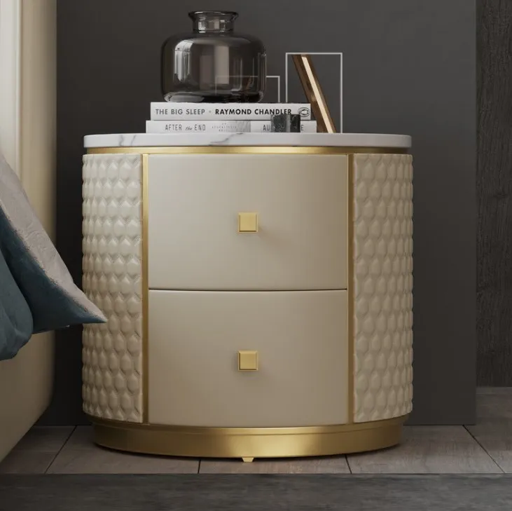 Bedroom Furniture Bedside Table Luxury Round Marble Leather Table Storage Bedside Cabinet for Home Hotel