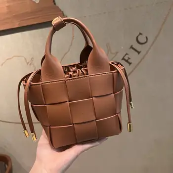 2024 Spring Collection Leather Woven Bucket Bag - Stylish Drawstring Handbag | Versatile Single-Shoulder Crossbody Bag for Women
