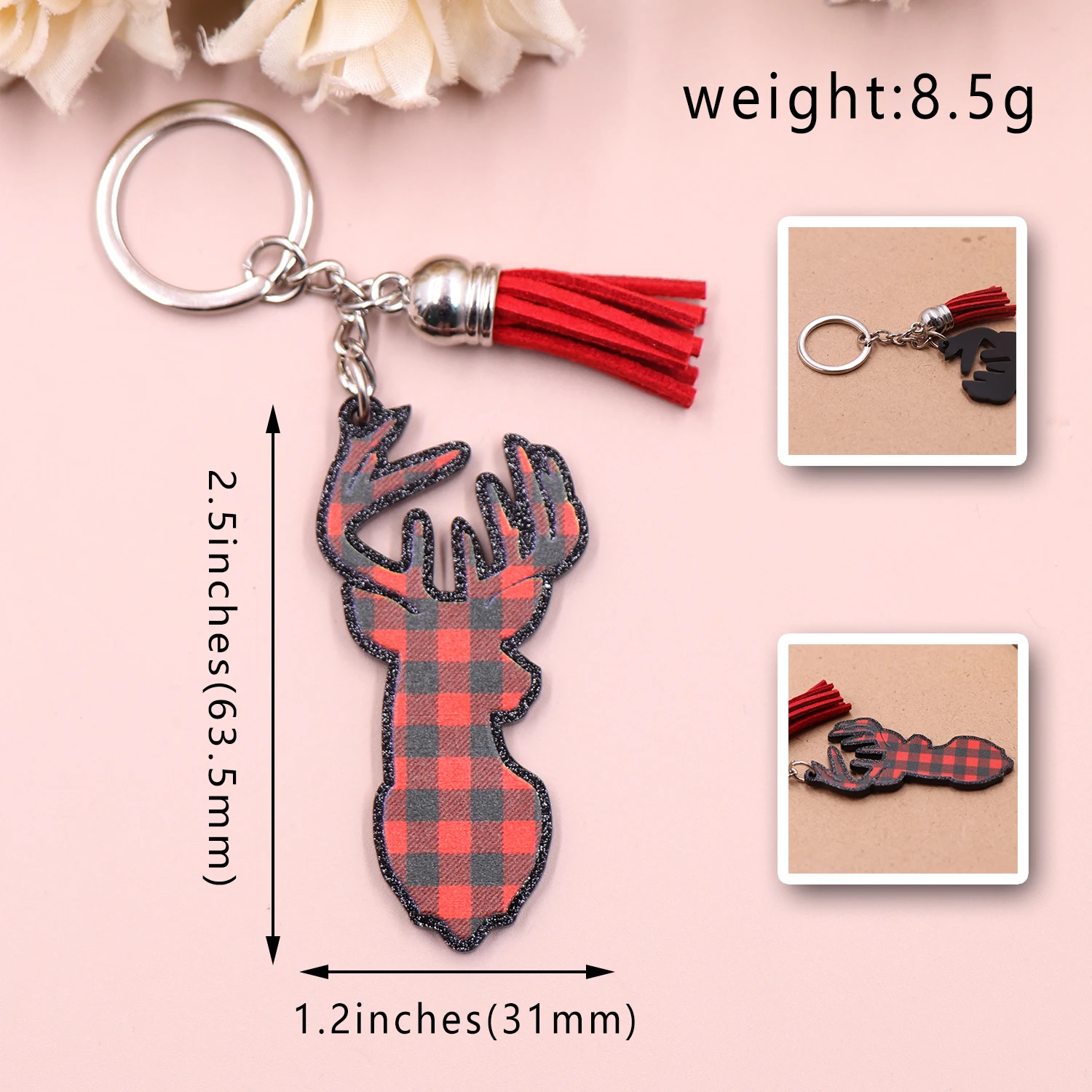 Customized KHS180KH1201  63.5mm The new listing CN Buffalo Plaid Deer Head christmas TRENDY Women Gift Acrylic Keychain supplier