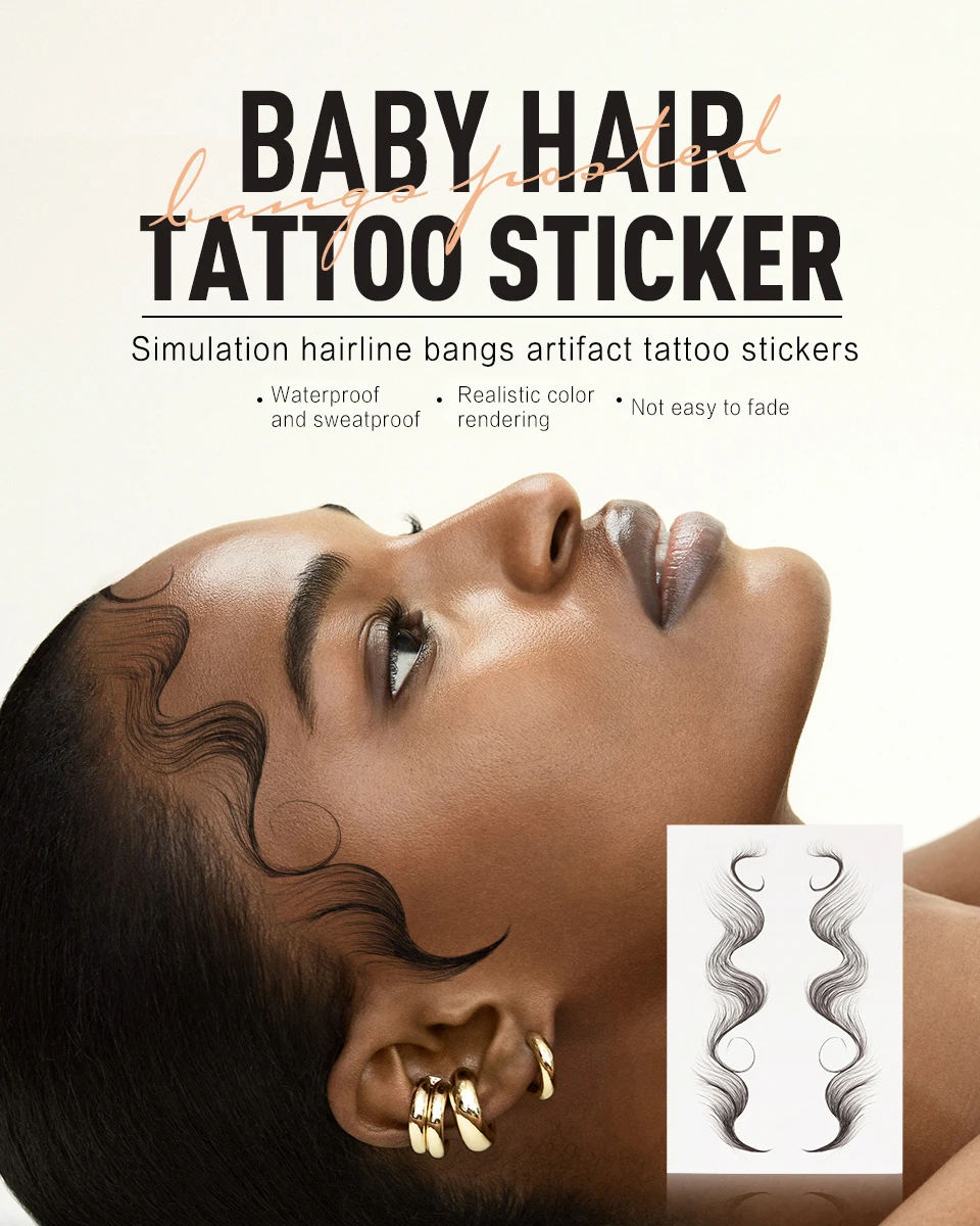 Fake Edges Baby Hair Temporary Tattoo Side Bang Stickers,2 Styles Popular  Waterproof Fake Hair Fringe Edge Tattoo Stickers, Novelty Wig Natural