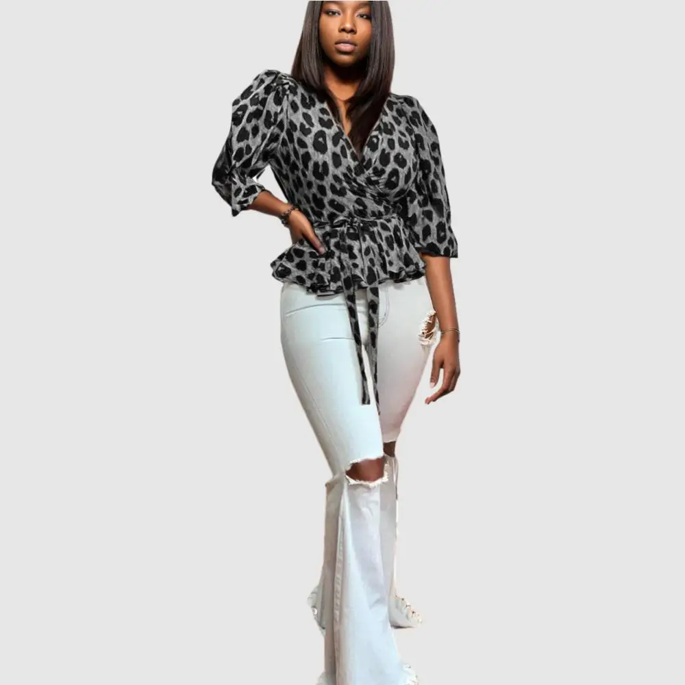 90821-MX71 Blusas y camisas de leopardo con volantes y estampado