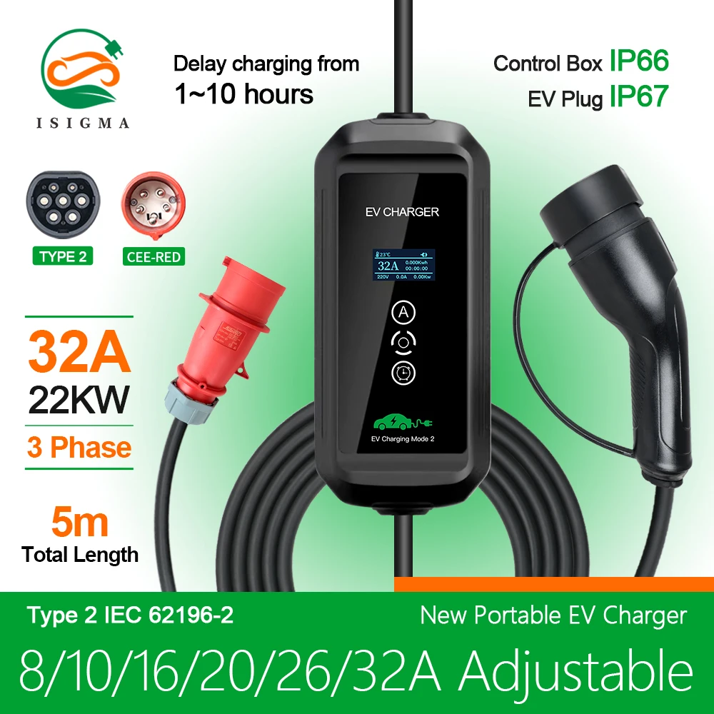 22kw 32a 3 Phase Iec 62196 Sae J1772 Portable Ev Charger Type 2 Gbt Cee Red Plug 7kw Portable Ev 8300