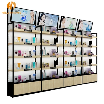 Custom Wooden Wall Cosmetic Shelves Display Cabinet And Makeup Display ...