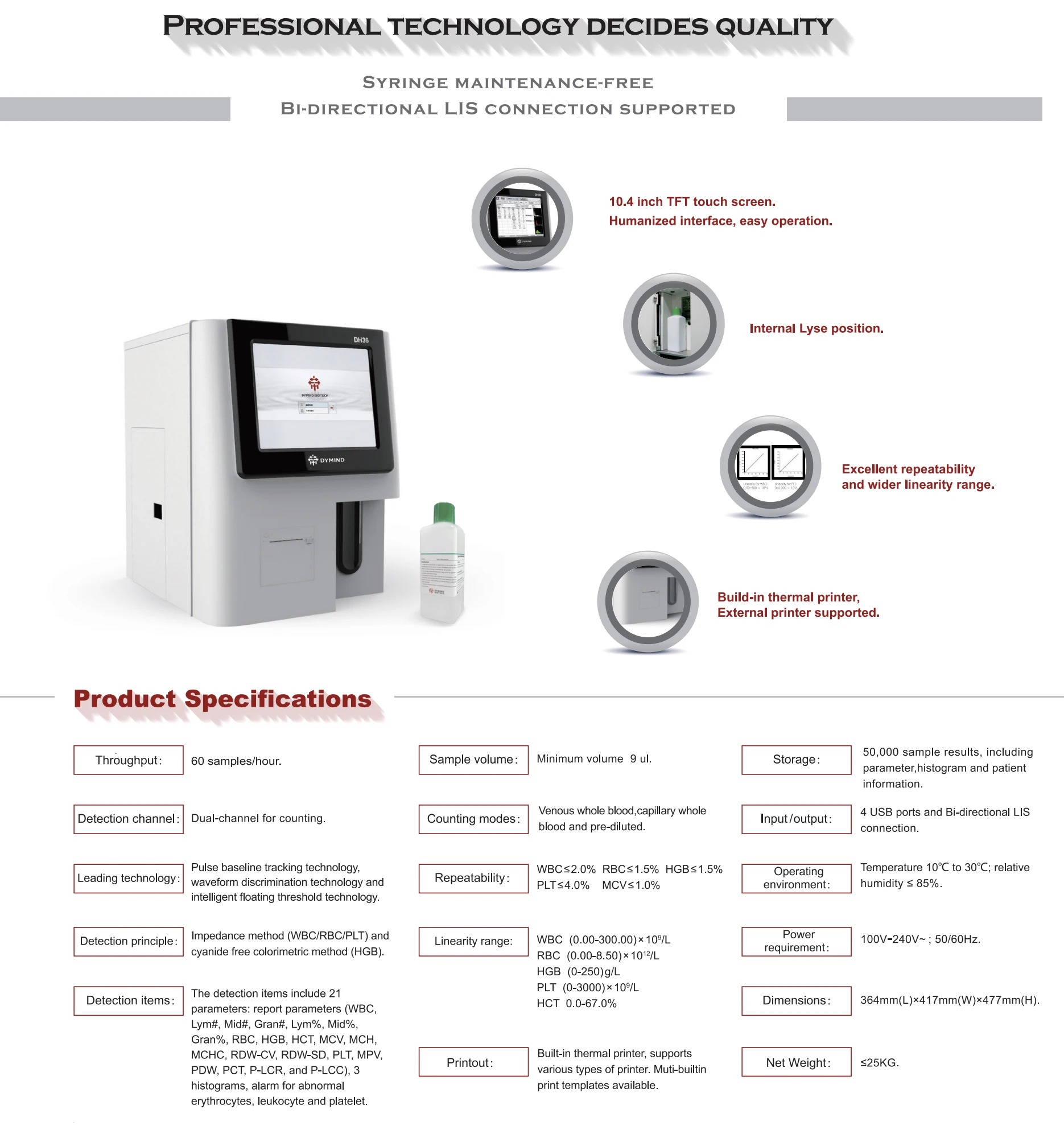 Dymind Dh36 Blood Cell Counter Automatic Hematology Analyzer 3 Part Cbc