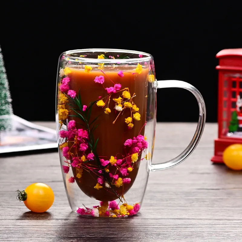 Dry Flower Cup ODM/OEM Manufacturers Custom LOGO High Borosilicate Double Wall Glass Cup with Dry Flower
