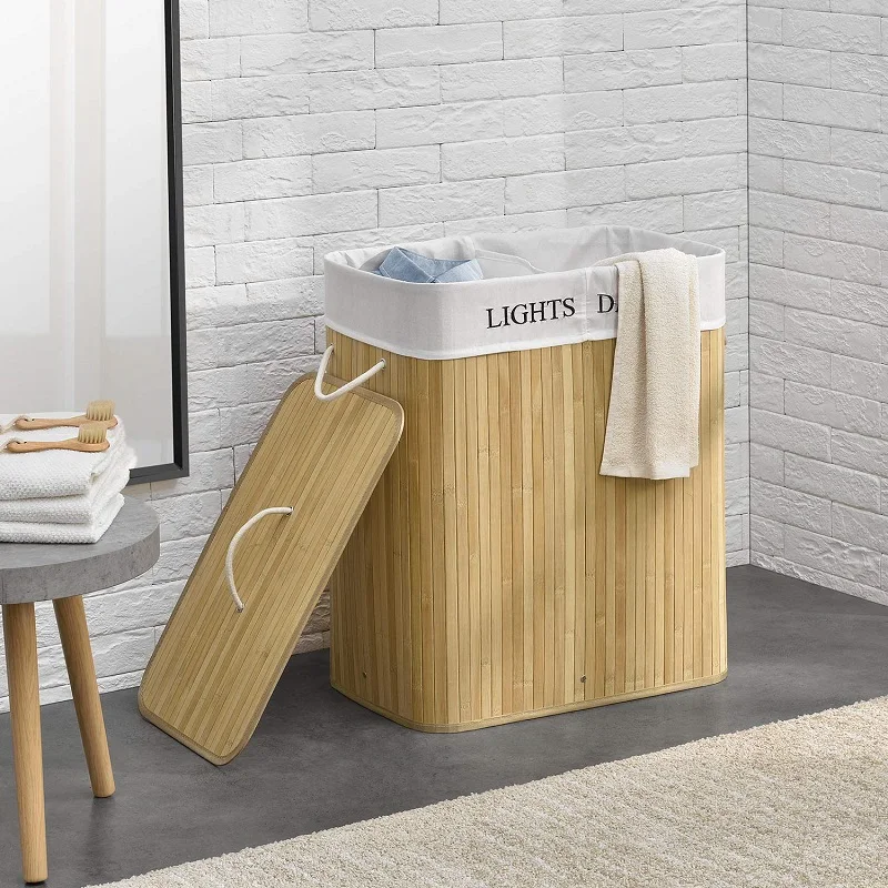100L Extra Large 2 Section Folding Storage Solution Folding Bamboo Laundry Dirty Clothes Basket with Lid and Carry Handle