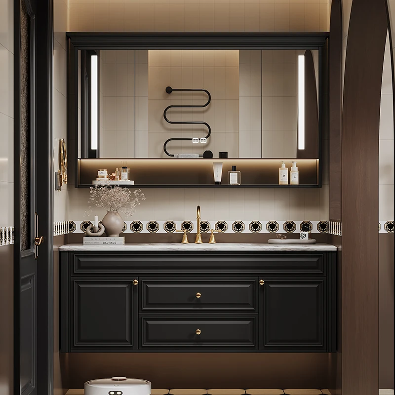 product popular oak retro wall mounted bathroom cabinet combination bathroom textured vanity with intelligent mirror-6