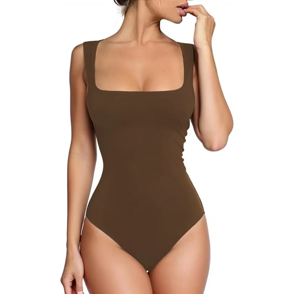 Owntop Square Neck Ribbed Tank Tops Shapewear Bodysuit 2 Piece Sexy Seamless Sleeveless Women