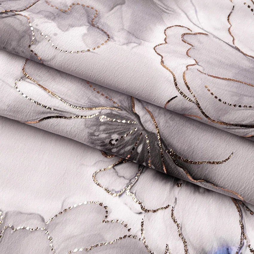 Popular Custom Floral Design Digital Print Glitter Flower 100% Polyester Foil Chiffon Koshibo Crepe Fabric with Gold Foil Print