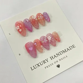 Wholesale 10pcs Hand Painted Gel Press Nails Beautiful Luxury Handmade Acrylic Nails Press on High Quality