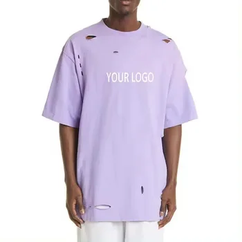 High Street Wear Distressed Tshirts Plus Size Purple Custom Puff Printing Logo Oversize T-shirt Big And Tall Men