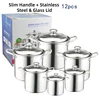 Manico Slim + Acciaio Inox &amp; Coperchio in Vetro 12 pezzi - 20-22-24-26-28-30 cm