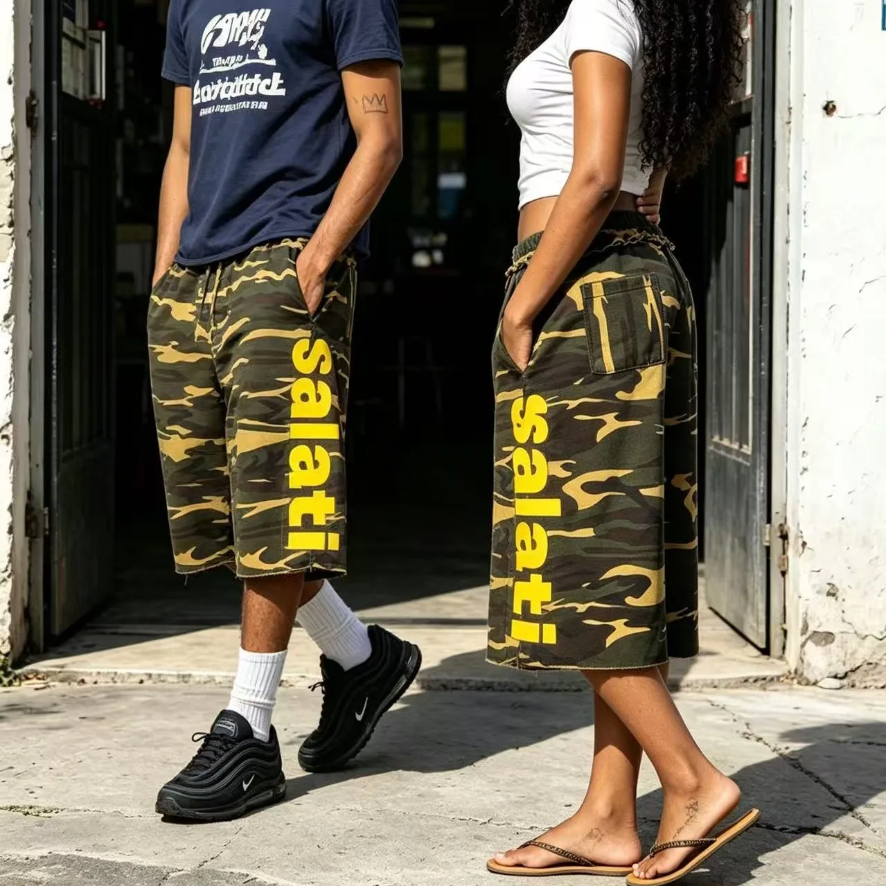 Wholesale Y2K Men's Camo Baggy Wide Leg Shorts 100% Cotton Drawstring Yellow Graphic Print Raw Edge Heavy Fleece Streetwear Bulk gallery 3