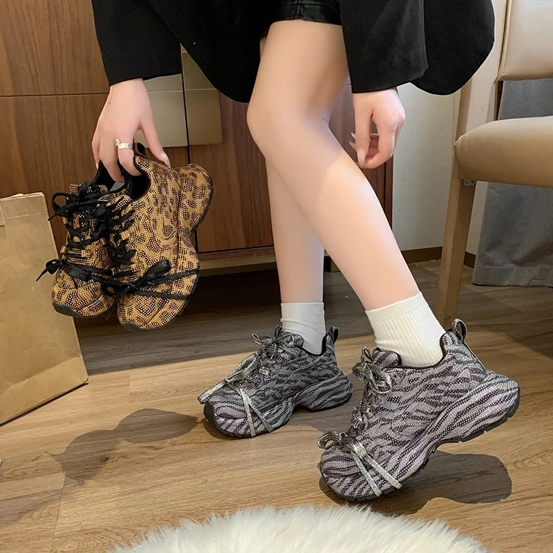 Dropshipping Custom Logo Rhinestones Leopard Print Designer Shoes Women Chunky Platform New Styles Walking Style Sneakers