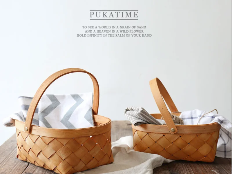 Chinese Rustic Style Weaving Picnic  Basket with Handle Home Decor Hanging Wall Basket Wedding Gift Storage Basket