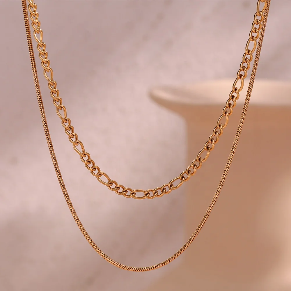 Double Layer Figaro Chain Andsnake Chain Necklace Pvd Gold Plated