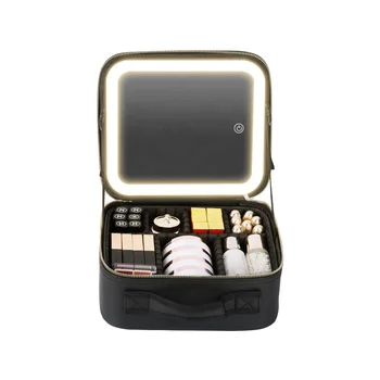 PU Leather Portable Cosmetic Bag with Light and Mirror Makeup Bag Organizer Fashion Bags Plain Zipper with LED Travel 100pcs