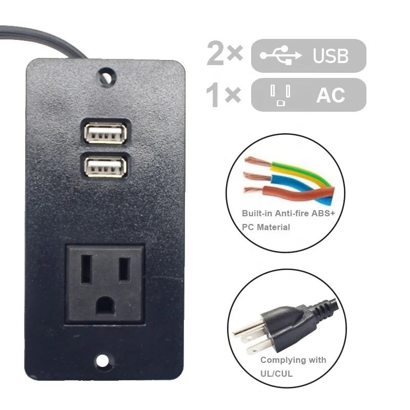 Sonew Conference Recessed Power Strip – 2 AC Outlets, 2 USB Ports, 1.5m Cord, Flush-Mount For Desks, Tables & Drawers (Black)