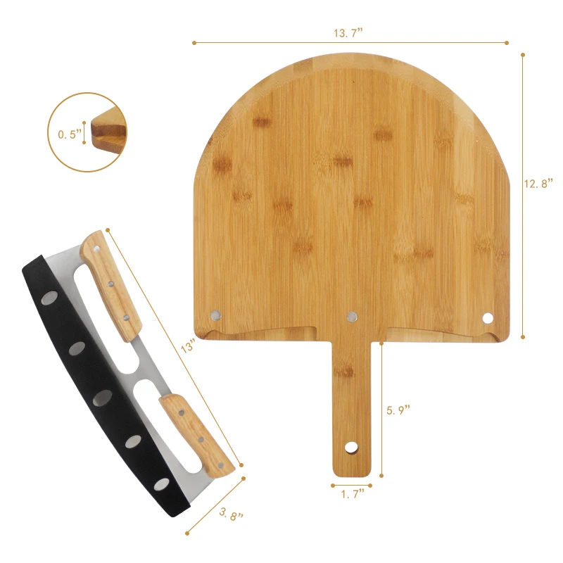 Premium Wood Pizza Peel Bamboo Pizza Serving Board With Pizza Cutter