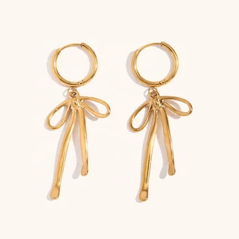 Dingran Cute Stainless Steel Jewelry 18K Gold Plated Long Bow Drop Earrings Summer Waterproof Earrings For Girls