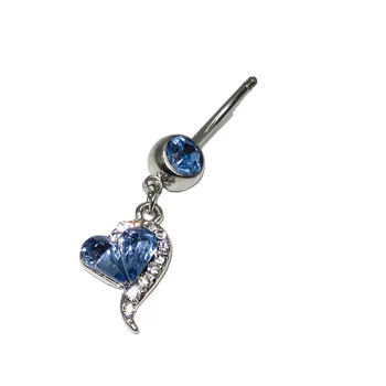 Stainless Steel Jewelry Button Ring Body Piercing Light Blue Zircon Crystal Heart Dangle Barbells Navel Body Piercing Ring