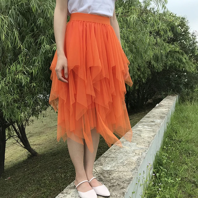 Fashion Orange Ruffles Tiered Tulle Women Long Pants Elastic