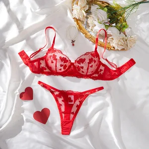 2026 Cross-Border Valentine's Day Sexy Lingerie Set: Lace Heart Embroidery Underwire Push-Up Bra