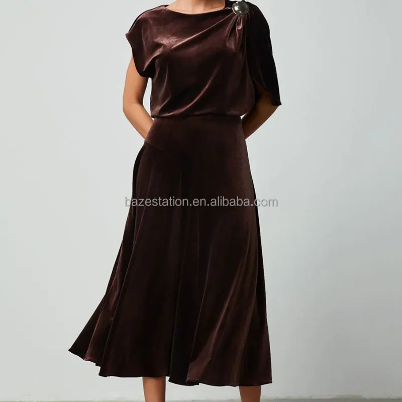 Premium Custom Women's High Quality Flannel Crew Neck Dress with Asymmetrical Ruffled Hem Solid Pattern Career Clothing Factory Premium Custom Women's High Quality Flannel Crew Neck Dress with Asymmetrical Ruffled Hem Solid Pattern Career Clothing Factory