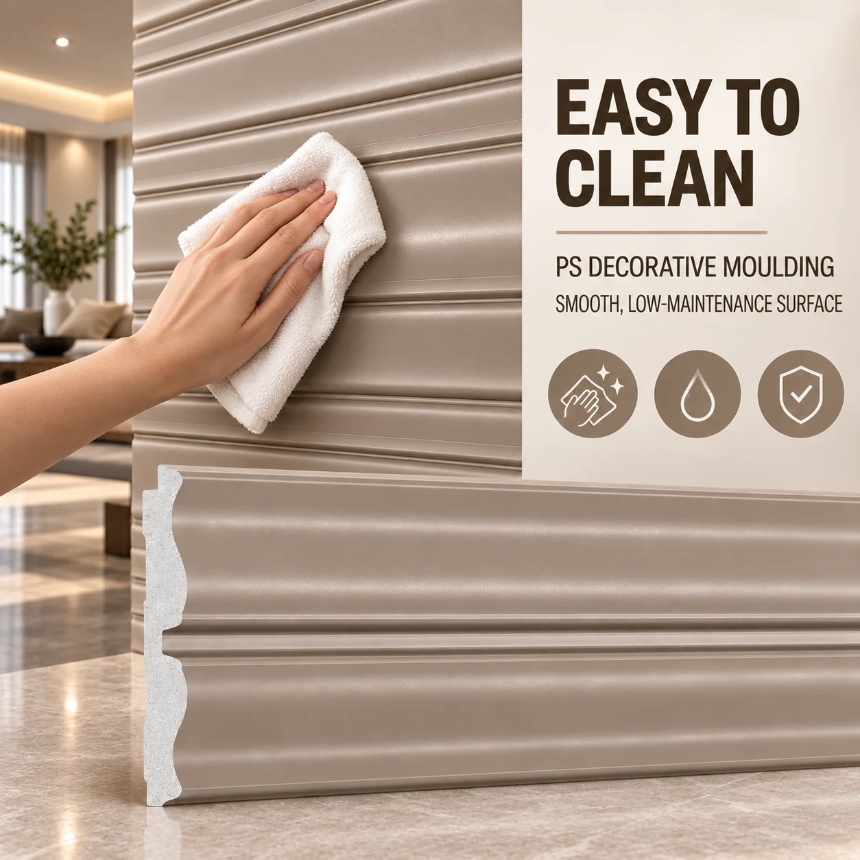 Factory Direct Waterproof PS Decorative Moulding Easy-Clean Wall Trim Baseboard for Interior Decoration
