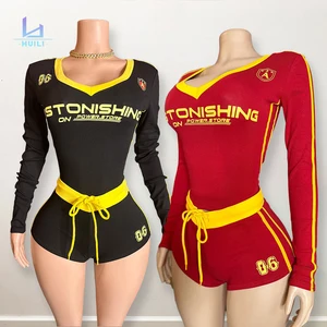 Huili Manufacturer Long Sleeve Top & Shorts Workout Two Piece 2025 Women's Loungewear Sports Custom logo Print Activewear Sets