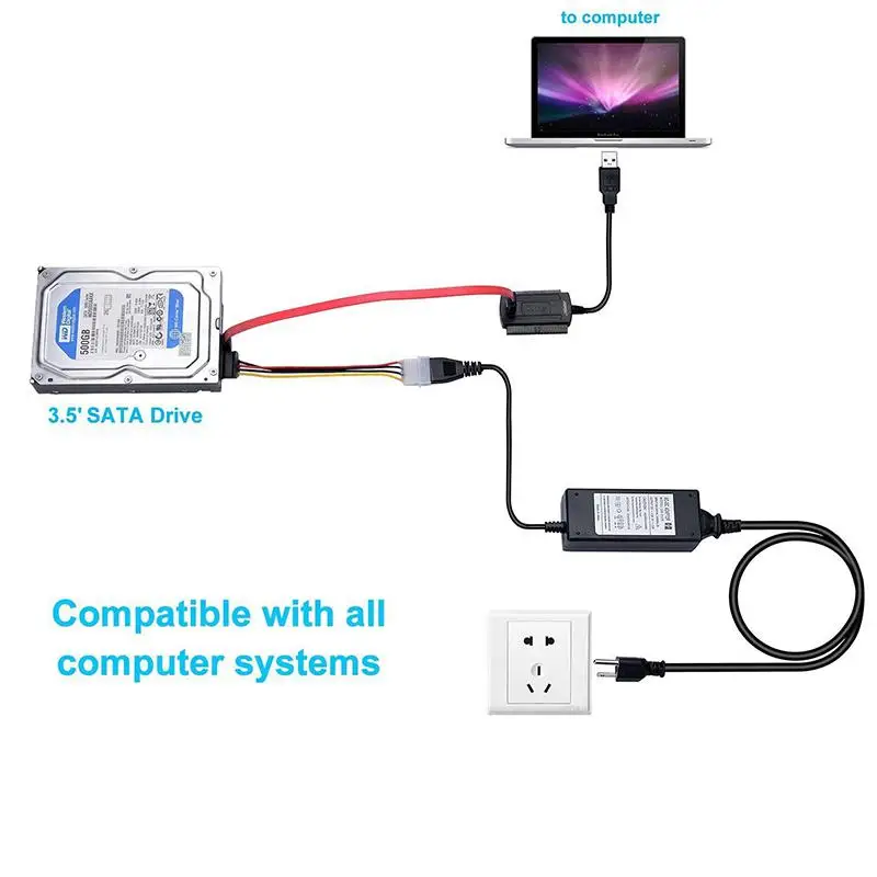 SAT PATA IDE Drive to Usb2.0 Adapter Converter Cable for Hard Drive Disk HDD 2.5" 3.5" with External AC Power Adapter US/EU