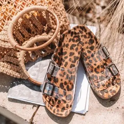 clear straps buckles cheetah slippers