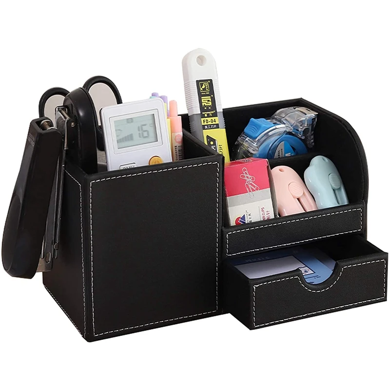 Кожаный многофункциональный настольный органайзер для канцелярских принадлежностей, коробка для хранения, ручка с дистанционным управлением, держатель с маленьким ящиком, черный