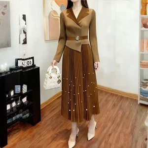 Factory Direct Spot Summer Ladies Casual A-Line Pleated Design Beaded Dress Long Sleeve Shirt Dress Free Size Miyake Dress