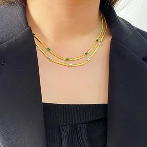 New Trendy Women's 18K Gold Flat Herringbone Snake Chain CZ Diamond Necklace Personalized Stainless Steel Choker Jewelry