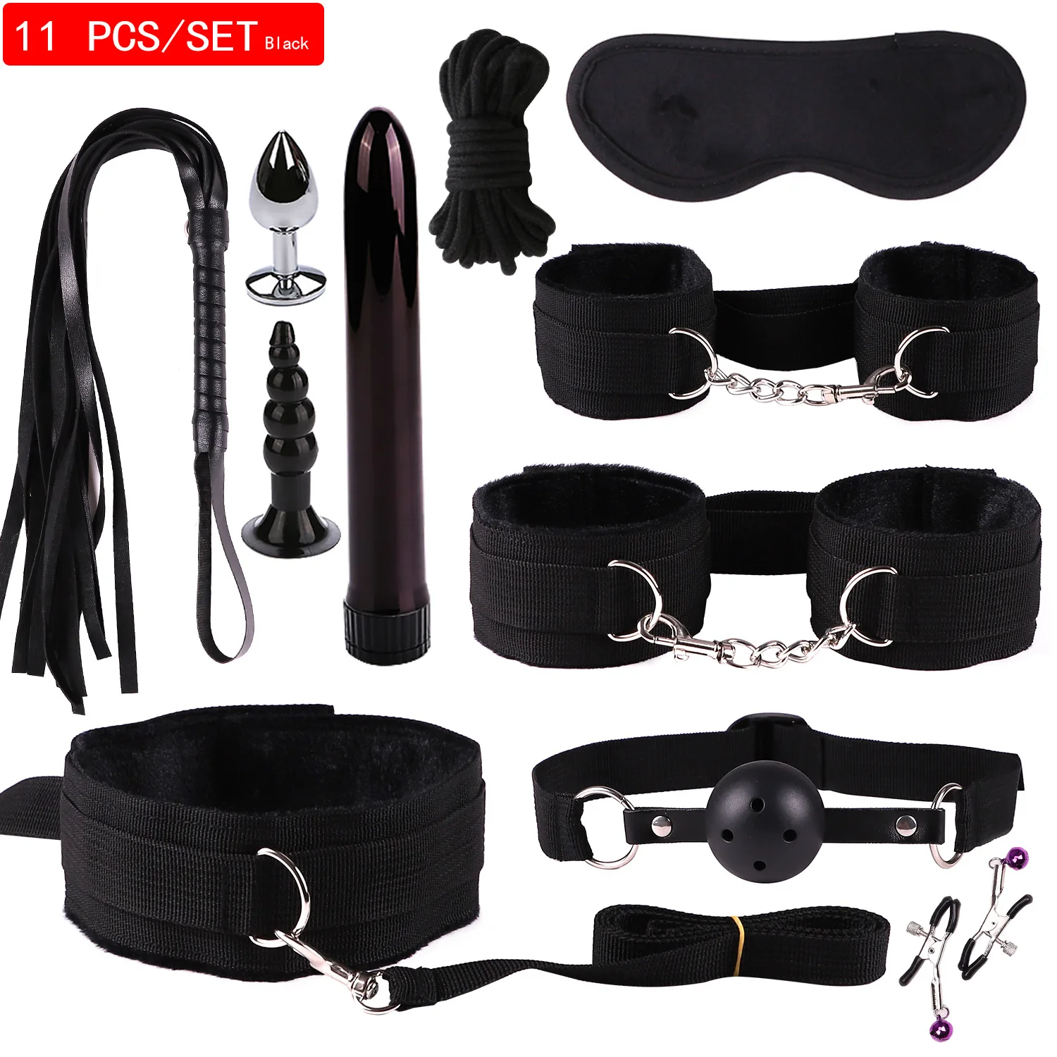 New SM 11PCS Fetish Mouth Gag Handcuffs Bondage Restraint Slave Game Set Bdsm Sex Toys with Bullet Vibrator Anal Butt Plug Kit