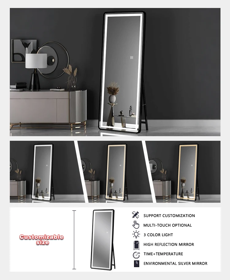 product classic gold aluminum framed  home decor full length floor body dressing smart touch switch led standing mirror for living room-7