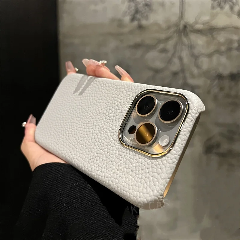 Funda de teléfono móvil protectora minimalista de cuero con textura de lichi resistente a caídas para iPhone 11 12 13 14 15 16 Pro Max Plus  