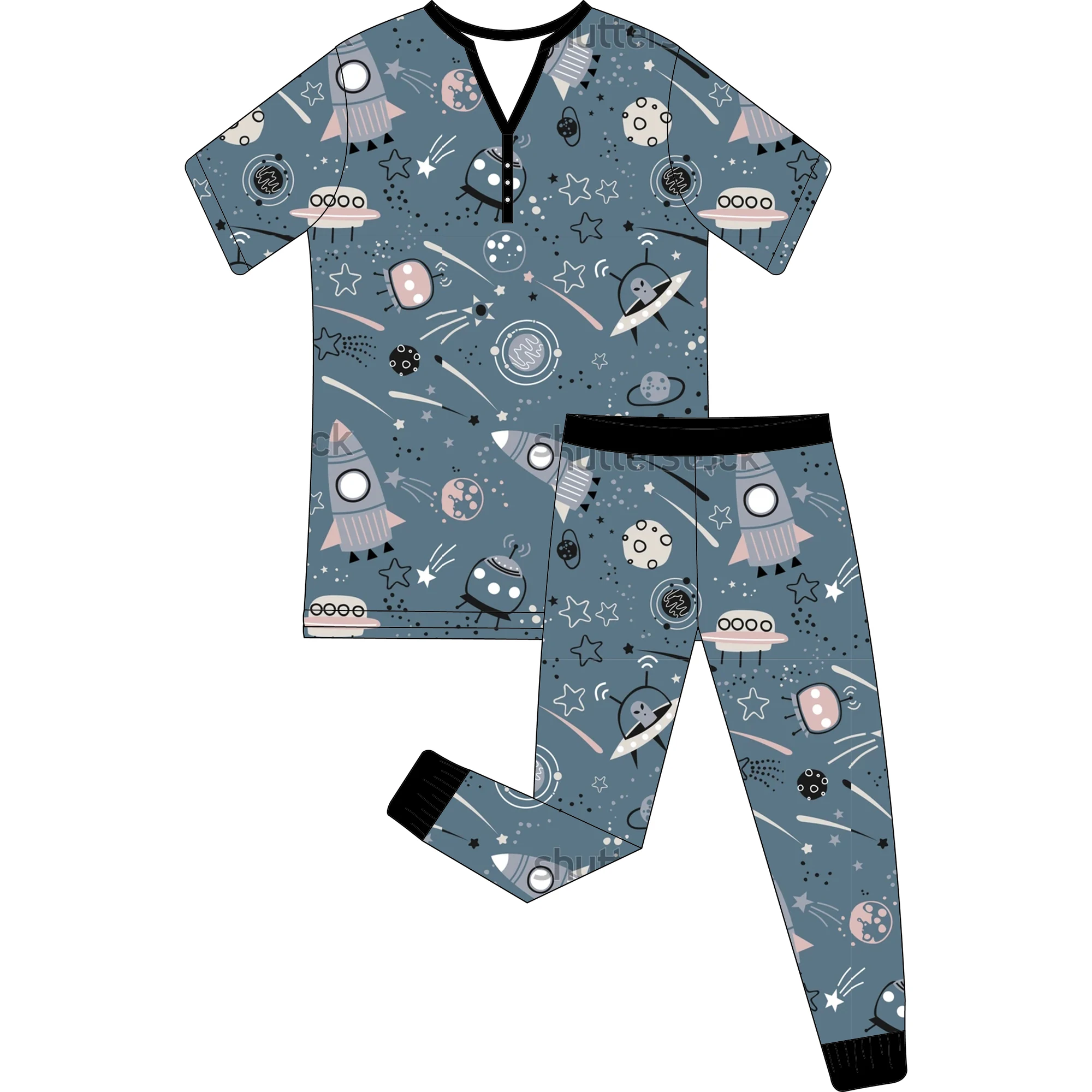 LOW MOQ Custom Bamboo Viscose Summer Rocket Pattern Zipper Pajamas