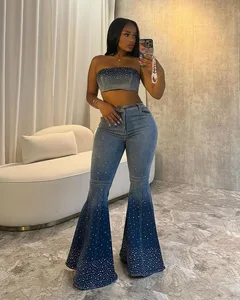 GX2627 Fashion 2026 Sexy Street Wear Women Clothing Vendor Sleeveless Denim Rhinestone Tube Top and Jeans Flare Pant 2 Piece Set