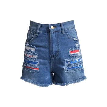 Hottie Tassel Ripped Jeans For Women indigo denim shorts printed tape for ladies high waist jeans