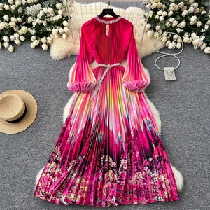 New Style Women's O-Neck Tunic Pleated Maxi Dress Empire Printed Beaded Lace with Long Sleeve Casual Draped Breathable