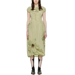 2026 Popular Custom Rubber logo Applique Floral Women Skinny Ruching Woven Dress