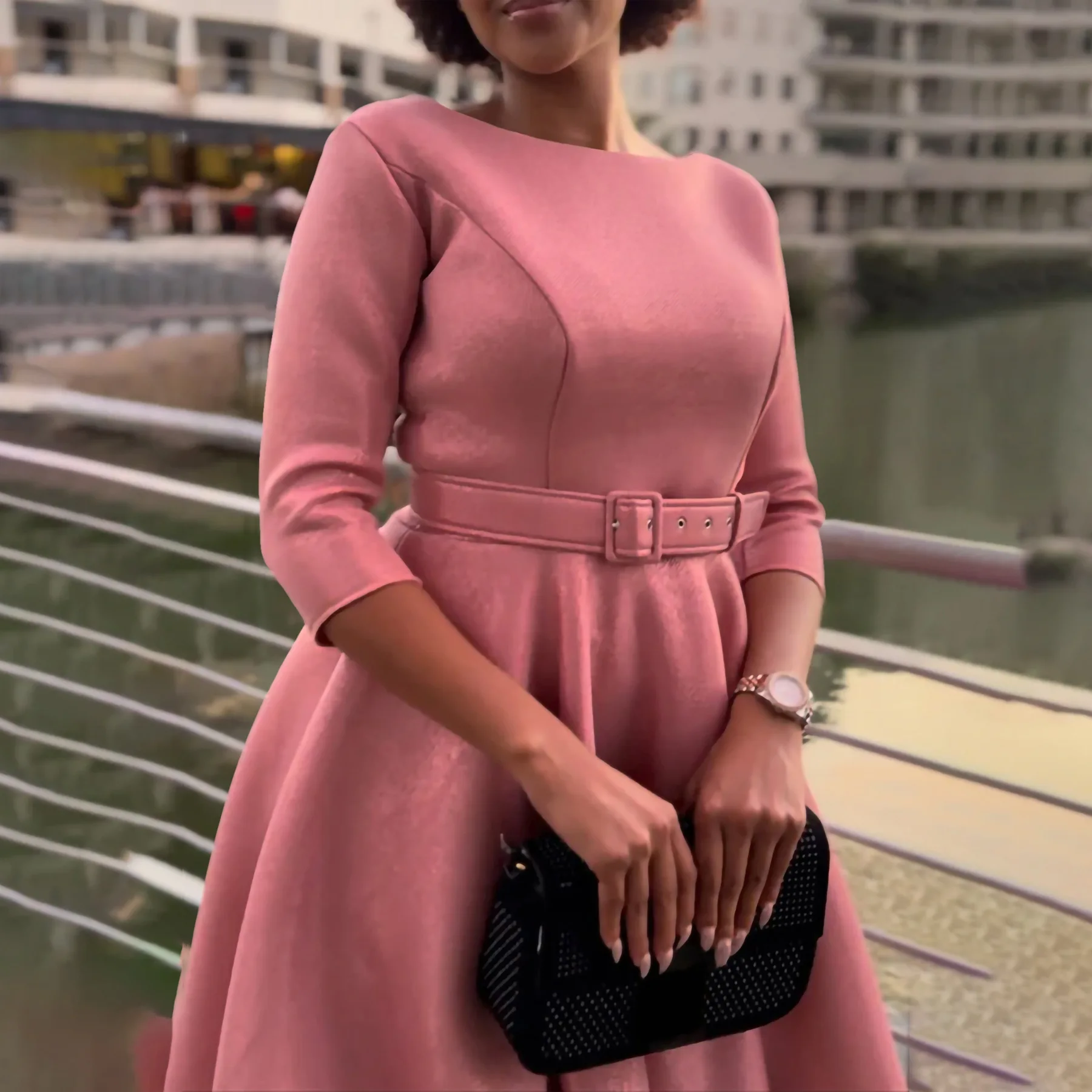 ZHEZHE Fashion Plus Size Women's Clothing Lady Elegant Casual Luxury Round Neck Medium Sleeve Dresses