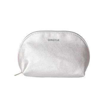 Custom Luxury Women Portable Travel Cosmetic Pouch Shell Silver Toiletry Bag Eco PU Vegan Leather Cosmetic Bags