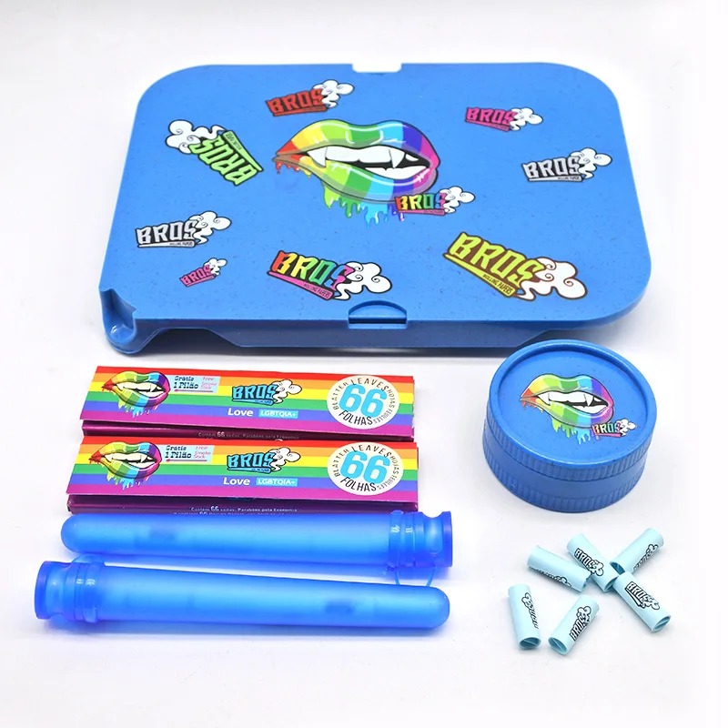 Wholesale Custom Logo Smoking Kit Biodegradable Tobacco Grinder Cigarette Paper Plastic Pipe 4-in-1 Rolling Tray for Smoke Shop