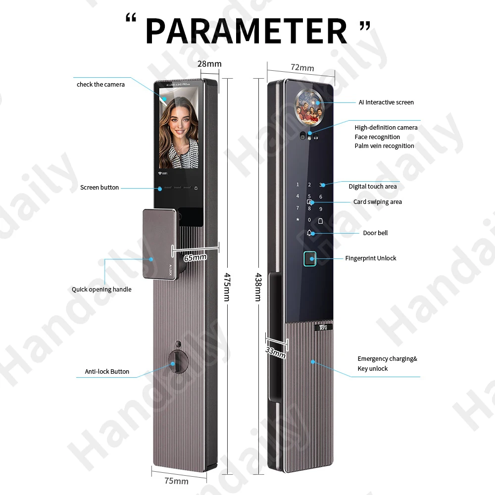 HanDaily Video-Türsprechanlage KI-Smartlock App-Steuerung Gesichtserkennung Fingerabdruck Handvene Digitales Türschloss A80