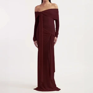 ZYHT 70124 Stretchy Fabric Ribbon Off Shoulder Knotted Long Sleeve Pleated Burgundy Elegant Maxi Evening Dresses for Women
