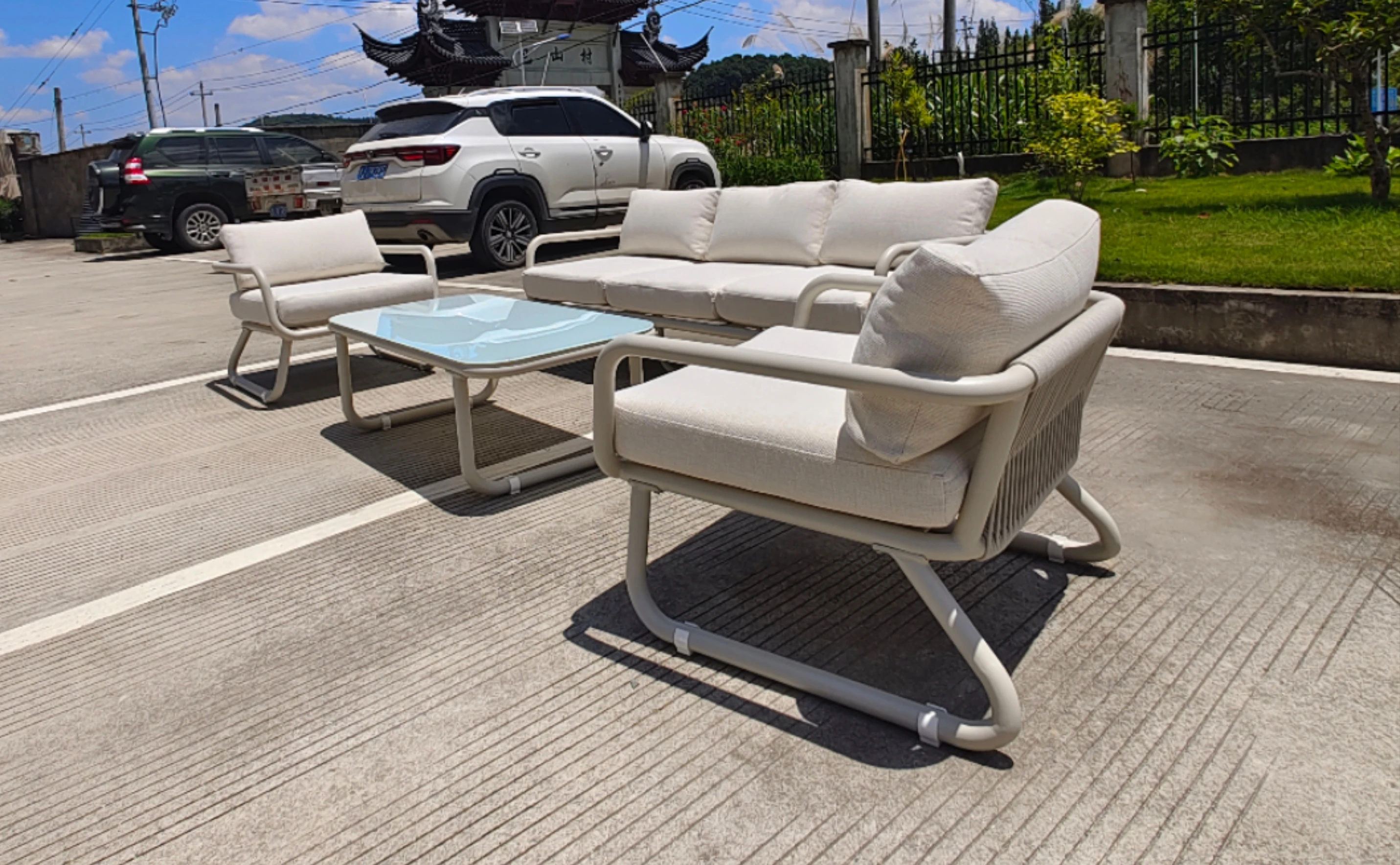 product aluminum frame sofa and coffee table set with beige cushions for outdoor patio-4